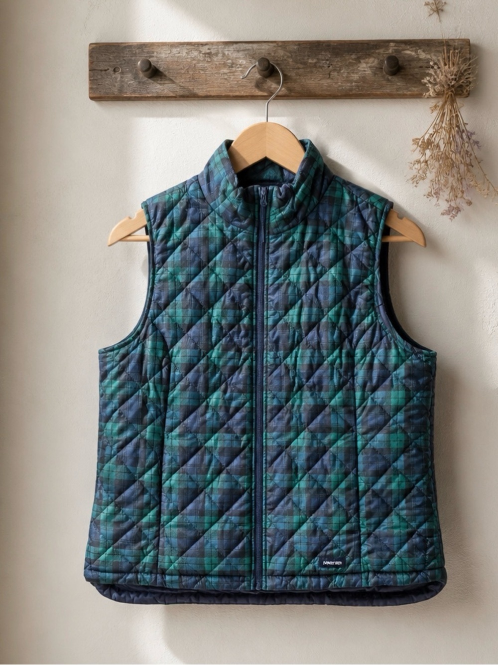 Lands' End Quilted Plaid Vest in Navy and Green